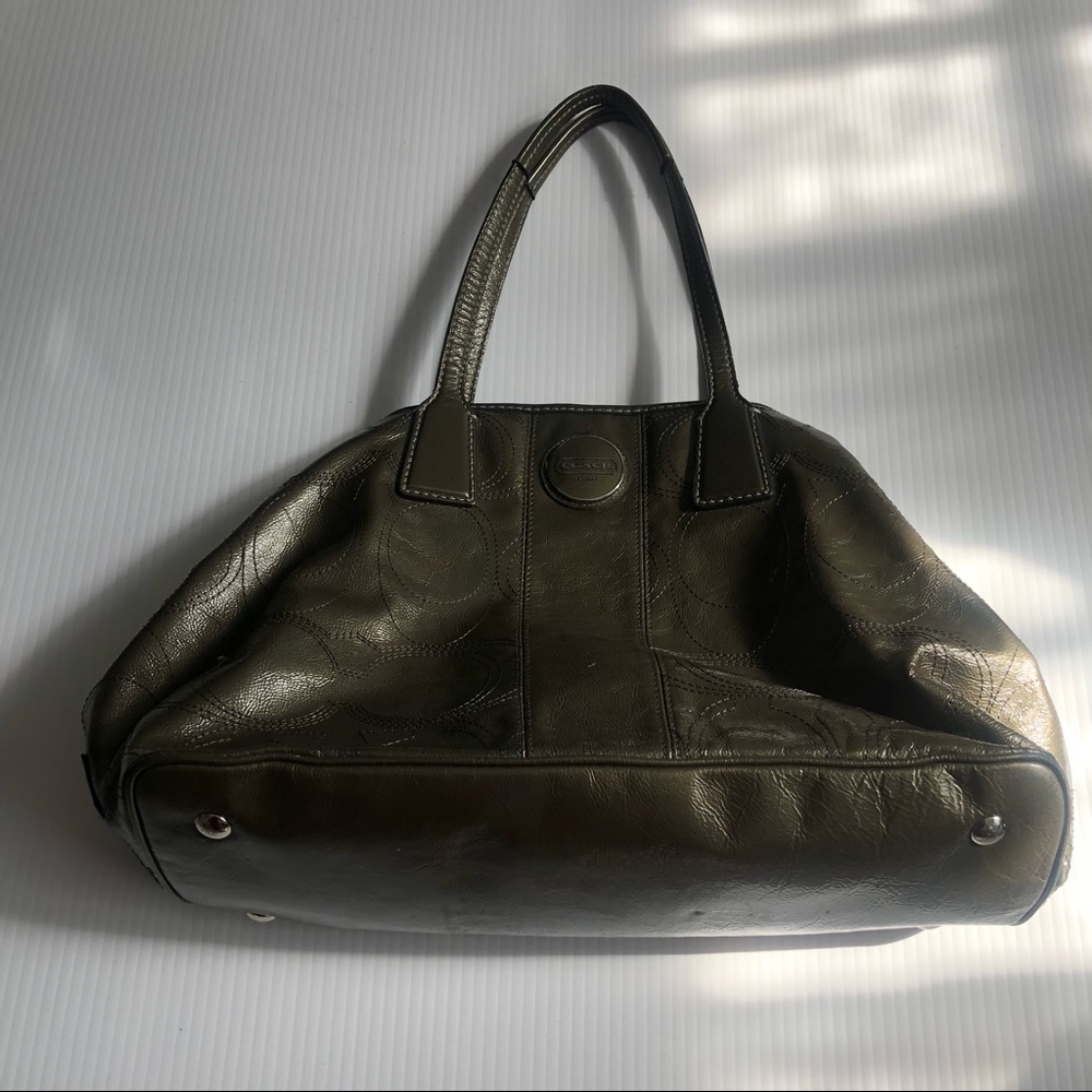 Coach Signature Stitch Patent Leather Green Kiss-Lock Tote Designer Bag